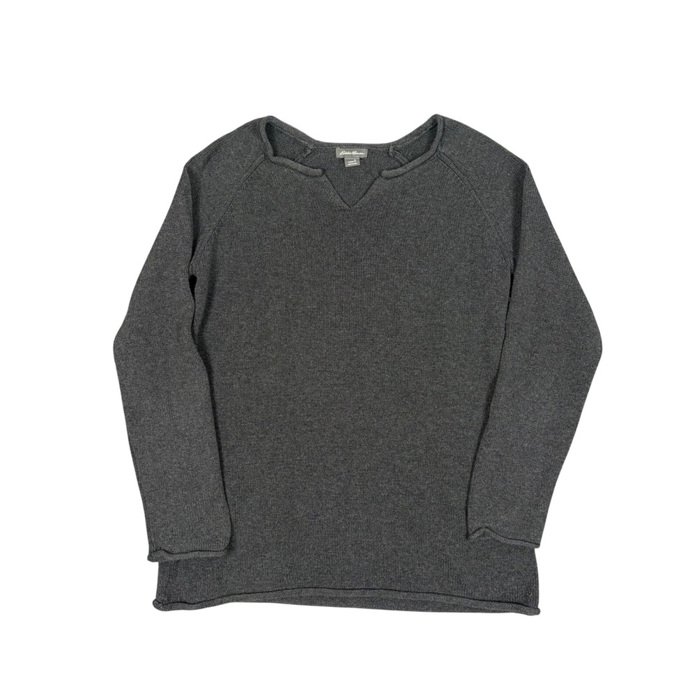 Eddie Bauer Womens Small Gray Cotton Knit Notch Neck Raglan Long Sleeve Sweater